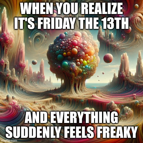 ai meme and imahe | WHEN YOU REALIZE IT'S FRIDAY THE 13TH; AND EVERYTHING SUDDENLY FEELS FREAKY | made w/ Imgflip meme maker