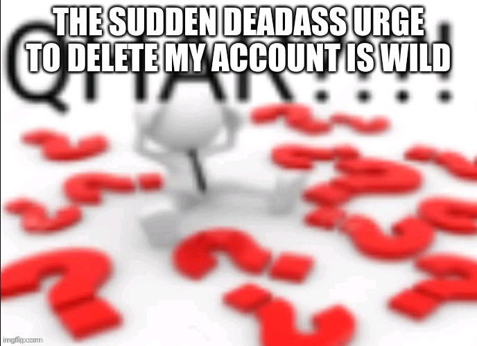 qhar | THE SUDDEN DEADASS URGE TO DELETE MY ACCOUNT IS WILD | image tagged in qhar | made w/ Imgflip meme maker