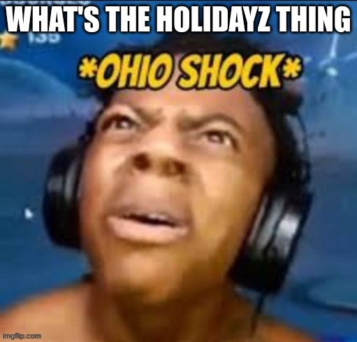 Ohio shock | WHAT'S THE HOLIDAYZ THING | image tagged in ohio shock | made w/ Imgflip meme maker