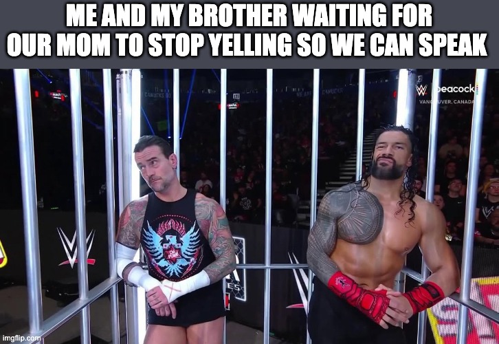 CM Punk and Roman Reigns | ME AND MY BROTHER WAITING FOR OUR MOM TO STOP YELLING SO WE CAN SPEAK | image tagged in cm punk and roman reigns | made w/ Imgflip meme maker