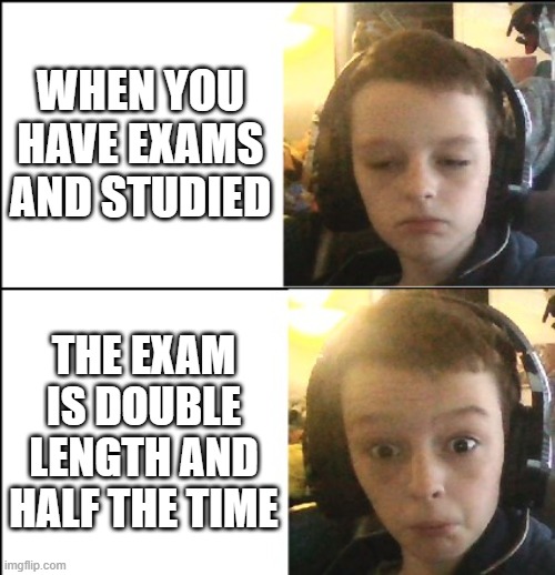 Based on a true story :( | WHEN YOU HAVE EXAMS AND STUDIED; THE EXAM IS DOUBLE LENGTH AND HALF THE TIME | image tagged in luke's world yes no | made w/ Imgflip meme maker