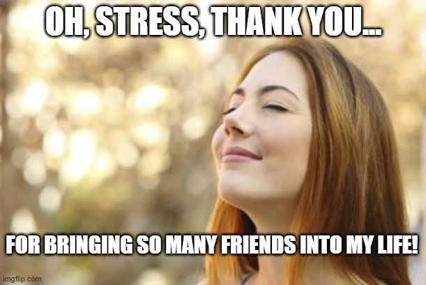 Oh, stress, thank you...for bringing so many friends into my life! | OH, STRESS, THANK YOU... FOR BRINGING SO MANY FRIENDS INTO MY LIFE! | image tagged in deep breath | made w/ Imgflip meme maker