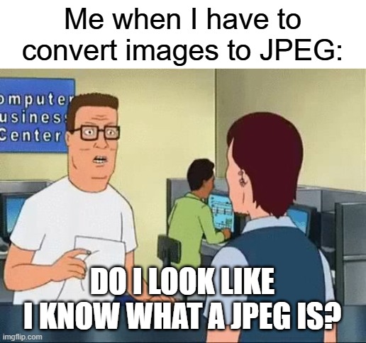 JPEG: | Me when I have to convert images to JPEG:; DO I LOOK LIKE I KNOW WHAT A JPEG IS? | image tagged in do i look like i know what a jpeg is | made w/ Imgflip meme maker