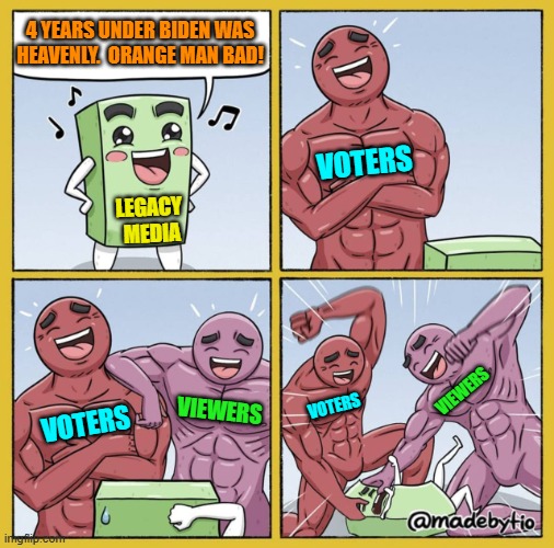 According to ratings that all media outlets -- except Fox News -- are receiving; yes. | 4 YEARS UNDER BIDEN WAS HEAVENLY.  ORANGE MAN BAD! VOTERS; LEGACY
 MEDIA; VIEWERS; VOTERS; VIEWERS; VOTERS | image tagged in guy getting beat up | made w/ Imgflip meme maker