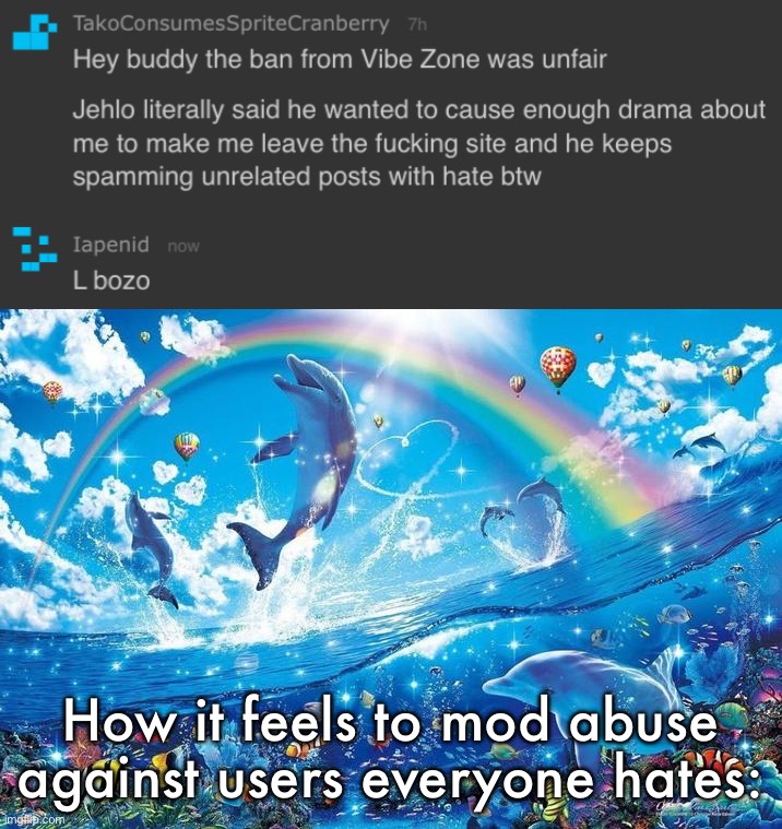 How it feels to mod abuse against users everyone hates: | image tagged in happy dolphin rainbow | made w/ Imgflip meme maker