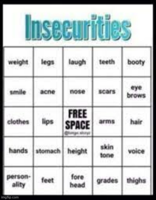 Chat I think that I'm not insecure about looks | image tagged in insecurities bingo | made w/ Imgflip meme maker