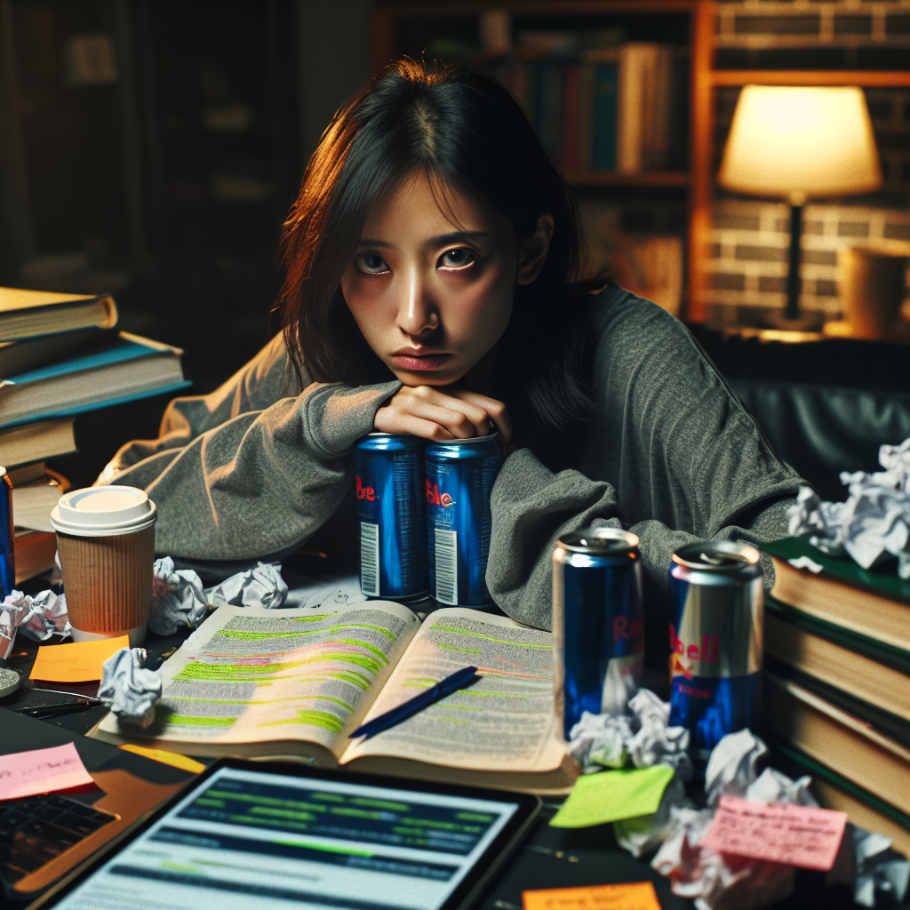 A student surrounded by energy drinks and coffee, pulling an all Blank Meme Template