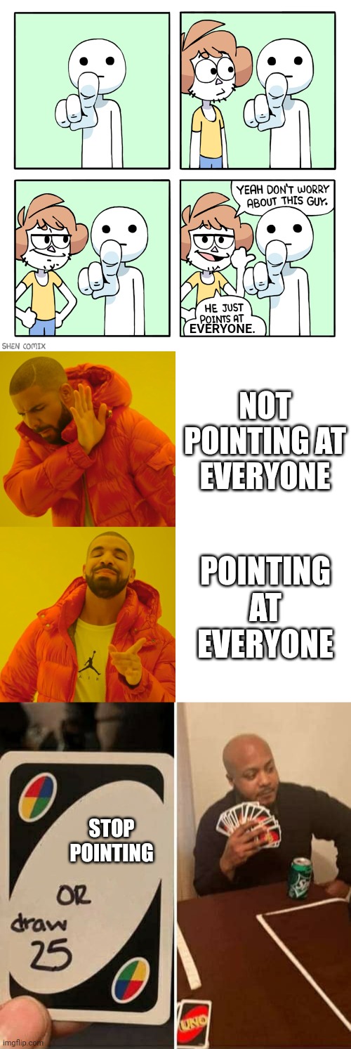 Pointing | EVERYONE. NOT POINTING AT EVERYONE; POINTING AT EVERYONE; STOP POINTING | image tagged in he just points at,memes,drake hotline bling,uno draw 25 cards | made w/ Imgflip meme maker