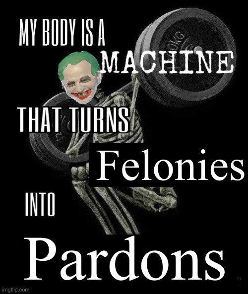 NOT Clean But Certainly Jerkin' Joe Biden | Felonies; Pardons | image tagged in body is a machine,political meme,politics,funny memes,funny,joe biden | made w/ Imgflip meme maker