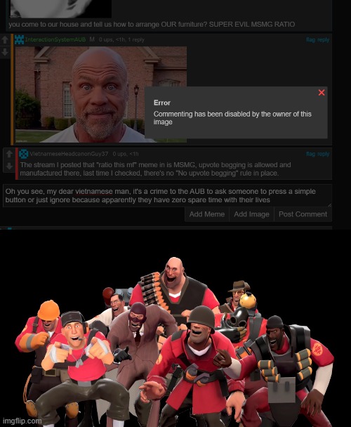 image tagged in all 9 tf2 mercs laughing at you | made w/ Imgflip meme maker