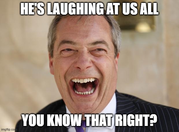 Nigel Farage | HE'S LAUGHING AT US ALL; YOU KNOW THAT RIGHT? | image tagged in nigel farage | made w/ Imgflip meme maker