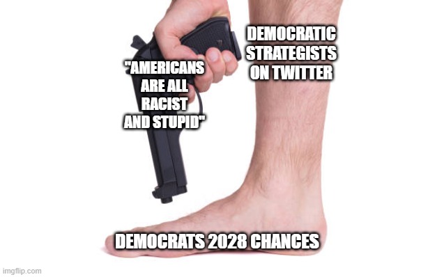 "AMERICANS ARE ALL RACIST AND STUPID"; DEMOCRATIC STRATEGISTS ON TWITTER; DEMOCRATS 2028 CHANCES | image tagged in shoot myself in the foot,political meme,politics lol,democrats,election 2024,trump | made w/ Imgflip meme maker