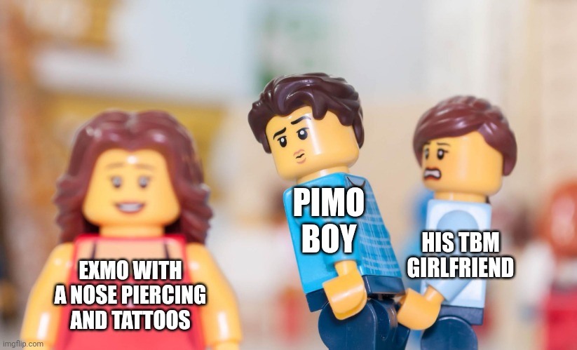 Attractive ExMo | PIMO BOY; HIS TBM GIRLFRIEND; EXMO WITH A NOSE PIERCING AND TATTOOS | image tagged in distracted brickfriend | made w/ Imgflip meme maker