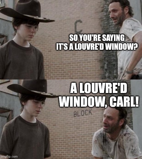 Rick and Carl Meme | SO YOU'RE SAYING IT'S A LOUVRE'D WINDOW? A LOUVRE'D WINDOW, CARL! | image tagged in memes,rick and carl | made w/ Imgflip meme maker