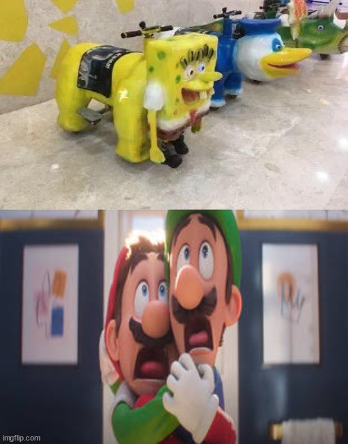 IT BURNS BURNS BURNS! | image tagged in mario and luigi scared of what,spongebob,ride,scary | made w/ Imgflip meme maker