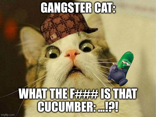 ganster cat vs cucumber          im bad at making memes :( | GANGSTER CAT:; WHAT THE F### IS THAT

CUCUMBER: ...!?! | image tagged in memes,scared cat | made w/ Imgflip meme maker