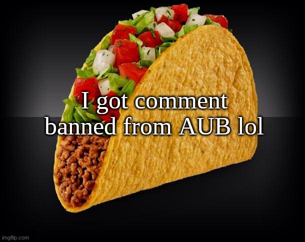 Taco | I got comment banned from AUB lol | image tagged in taco | made w/ Imgflip meme maker