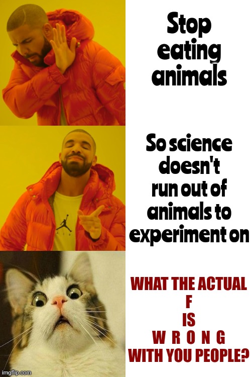 We Kill EVERYTHING | Stop eating animals; So science doesn't run out of animals to experiment on; WHAT THE ACTUAL
F
IS
W  R  O  N  G
WITH YOU PEOPLE? | image tagged in memes,drake hotline bling,people,humans,homo sapiens,demons | made w/ Imgflip meme maker