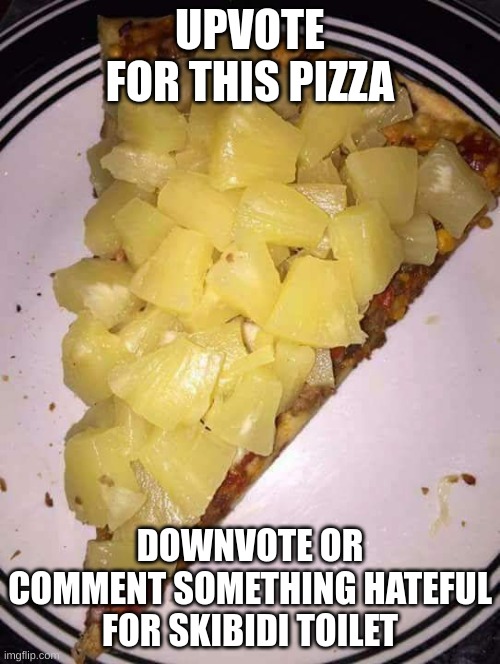 upvote | UPVOTE FOR THIS PIZZA; DOWNVOTE OR COMMENT SOMETHING HATEFUL FOR SKIBIDI TOILET | image tagged in pineapple pizza,memes,fun | made w/ Imgflip meme maker