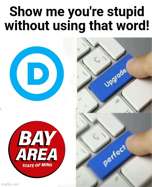 Upgraded to Perfection | Show me you're stupid without using that word! | image tagged in upgraded to perfection,memes,bay area,democrats,stupid | made w/ Imgflip meme maker