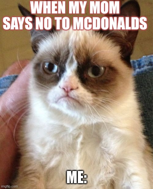 Grumpy Cat | WHEN MY MOM SAYS NO TO MCDONALDS; ME: | image tagged in memes,grumpy cat | made w/ Imgflip meme maker