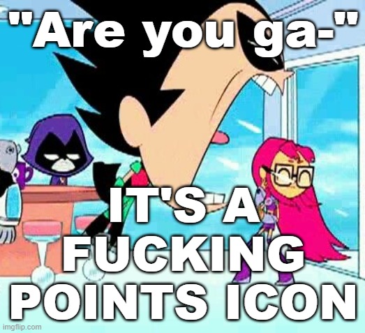 robin yelling at starfire | "Are you ga-" IT'S A FUCKING POINTS ICON | image tagged in robin yelling at starfire | made w/ Imgflip meme maker