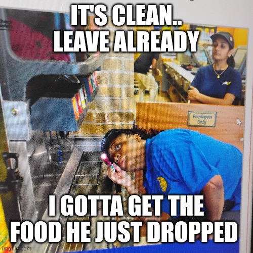 Kitchen | IT'S CLEAN.. LEAVE ALREADY; I GOTTA GET THE FOOD HE JUST DROPPED | image tagged in food memes | made w/ Imgflip meme maker