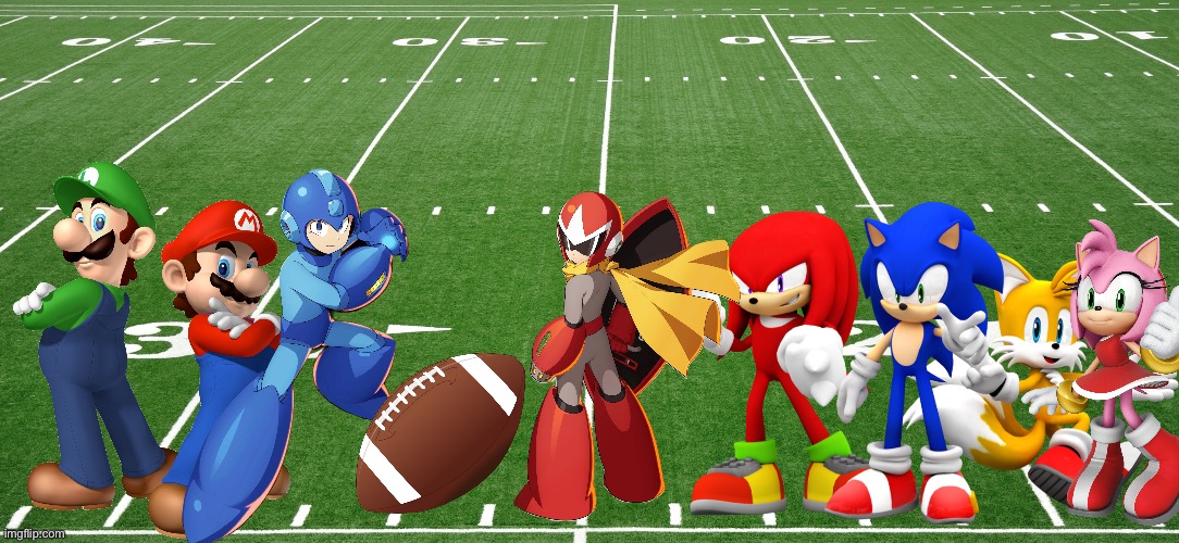 Mario and friends playing football | image tagged in football field,super mario bros,megaman,sonic the hedgehog,crossover | made w/ Imgflip meme maker