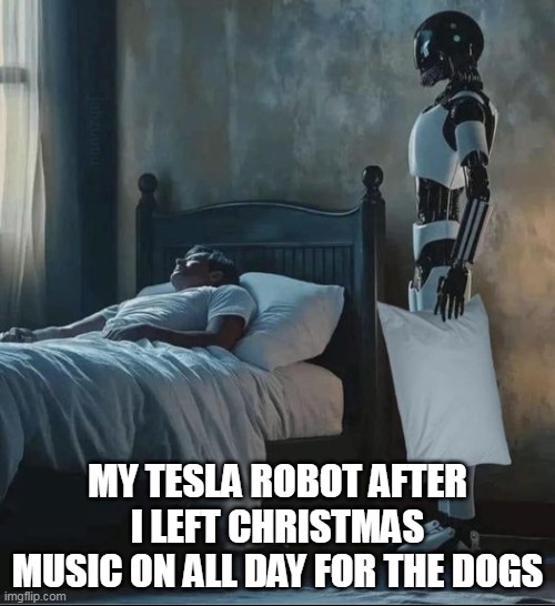 My Tesla robot after I left Christmas music on all day for the dogs | MY TESLA ROBOT AFTER I LEFT CHRISTMAS MUSIC ON ALL DAY FOR THE DOGS | image tagged in tesla robot,funny,christmas music,dogs,pillow,threat | made w/ Imgflip meme maker