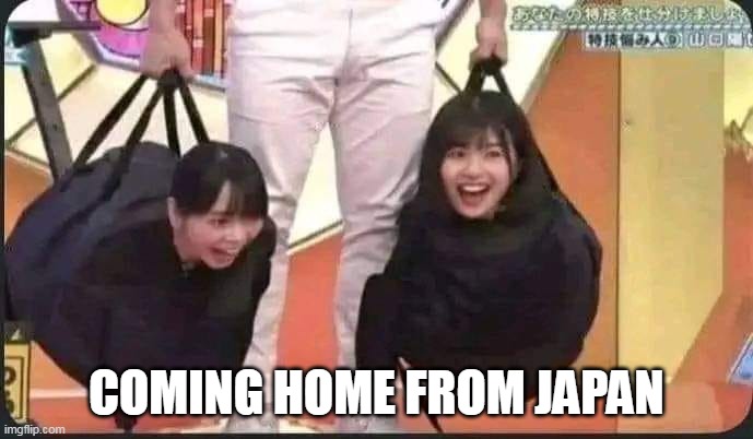 Coming home from japan | COMING HOME FROM JAPAN | image tagged in japan,funny,girls,japanese girls,bags | made w/ Imgflip meme maker