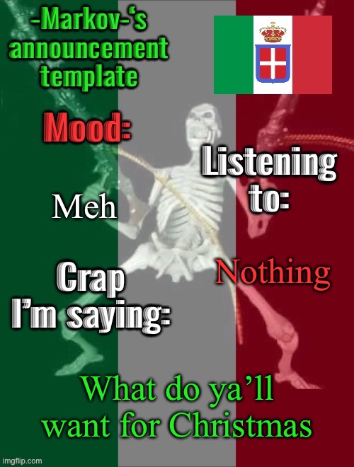 What do ya’ll want | Meh; Nothing; What do ya’ll want for Christmas | image tagged in -markov- s announcement template,msmg | made w/ Imgflip meme maker