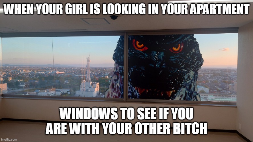 when your girl is looking in your apartment | WHEN YOUR GIRL IS LOOKING IN YOUR APARTMENT; WINDOWS TO SEE IF YOU ARE WITH YOUR OTHER BITCH | image tagged in godzilla,funny,crazy girlfriend,bitch,apartment,spying | made w/ Imgflip meme maker