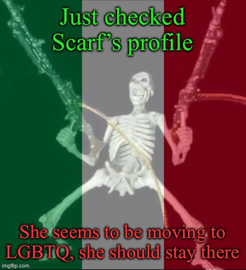 In that case, we can still chase her down if we want | Just checked Scarf’s profile; She seems to be moving to LGBTQ, she should stay there | image tagged in italy forever,msmg,scarf | made w/ Imgflip meme maker