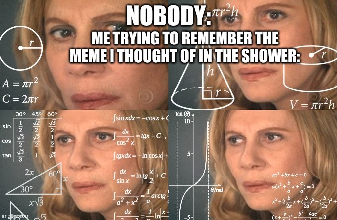 SERIOUSLY I HAVE LIKE 8 MEMES I CANT REMEMBER HELLLP | NOBODY:; ME TRYING TO REMEMBER THE MEME I THOUGHT OF IN THE SHOWER: | image tagged in calculating meme | made w/ Imgflip meme maker