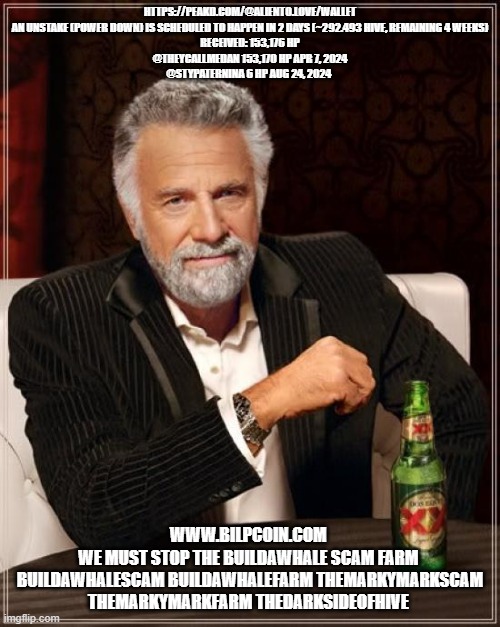 The Most Interesting Man In The World Meme | HTTPS://PEAKD.COM/@ALIENTO.LOVE/WALLET
AN UNSTAKE (POWER DOWN) IS SCHEDULED TO HAPPEN IN 2 DAYS (~292.493 HIVE, REMAINING 4 WEEKS)
RECEIVED: 153,176 HP
@THEYCALLMEDAN	153,170 HP	APR 7, 2024
@STYPATERNINA	6 HP	AUG 24, 2024; WWW.BILPCOIN.COM 
WE MUST STOP THE BUILDAWHALE SCAM FARM 
BUILDAWHALESCAM BUILDAWHALEFARM THEMARKYMARKSCAM THEMARKYMARKFARM THEDARKSIDEOFHIVE | image tagged in memes,the most interesting man in the world | made w/ Imgflip meme maker