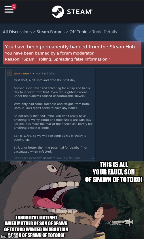 THIS IS ALL YOUR FAULT, SON OF SPAWN OF TOTORO! I SHOULD'VE LISTENED WHEN MOTHER OF SON OF SPAWN OF TOTORO WANTED AN ABORTION OF SON OF SPAWN OF TOTORO! | image tagged in totoro needs it | made w/ Imgflip meme maker