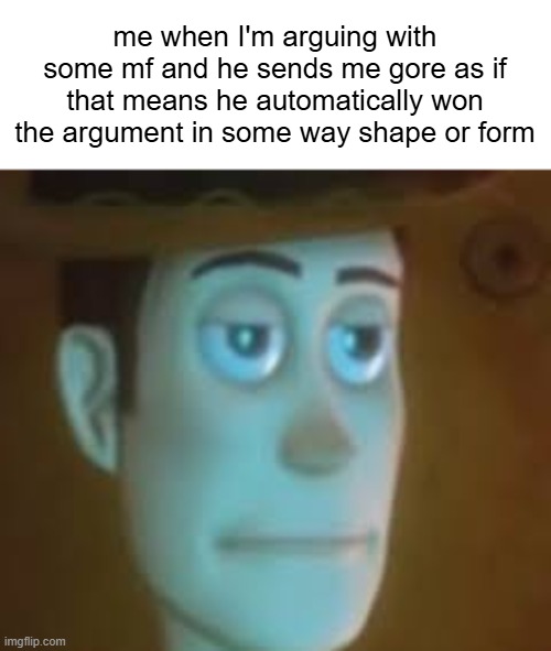 disappointed woody | me when I'm arguing with some mf and he sends me gore as if that means he automatically won the argument in some way shape or form | image tagged in disappointed woody | made w/ Imgflip meme maker