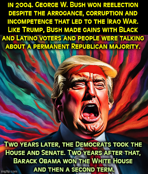 in 2004. George W. Bush won reelection 
despite the arrogance, corruption and 

incompetence that led to the Iraq War. 
Like Trump, Bush made gains with Black 
and Latino voters and people were talking 
about a permanent Republican majority. Two years later, the Democrats took the 
House and Senate. Two years after that, 
Barack Obama won the White House 
and then a second term. | image tagged in trump,george bush,dubya,iraq war,republican party,losers | made w/ Imgflip meme maker