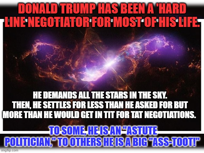 Perception depends upon Perspective. | DONALD TRUMP HAS BEEN A 'HARD LINE NEGOTIATOR FOR MOST OF HIS LIFE. HE DEMANDS ALL THE STARS IN THE SKY. THEN, HE SETTLES FOR LESS THAN HE ASKED FOR BUT MORE THAN HE WOULD GET IN TIT FOR TAT NEGOTIATIONS. TO SOME, HE IS AN "ASTUTE POLITICIAN," TO OTHERS HE IS A BIG "ASS-TOOT!" | image tagged in politics | made w/ Imgflip meme maker