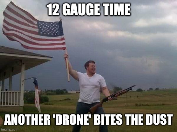 American flag shotgun guy | 12 GAUGE TIME ANOTHER 'DRONE' BITES THE DUST | image tagged in american flag shotgun guy | made w/ Imgflip meme maker