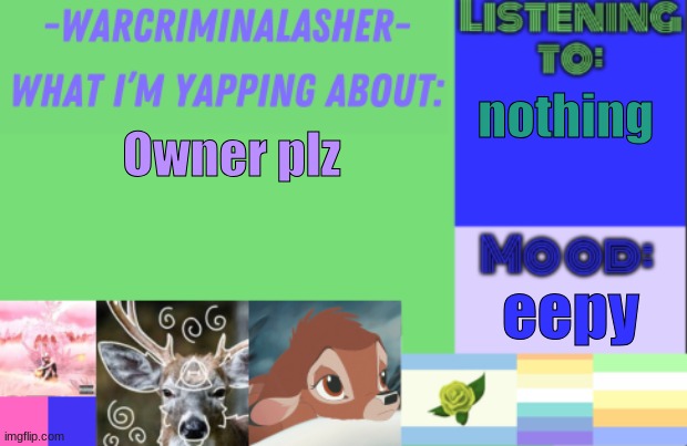 yes | nothing; Owner plz; eepy | image tagged in warcriminalasher v1 | made w/ Imgflip meme maker