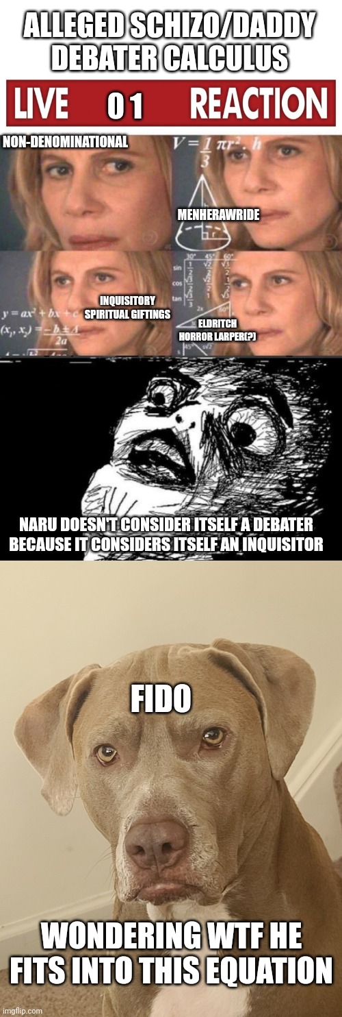 ALLEGED SCHIZO/DADDY DEBATER CALCULUS; NON-DENOMINATIONAL; 0 1; MENHERAWRIDE; INQUISITORY SPIRITUAL GIFTINGS; ELDRITCH HORROR LARPER(?); NARU DOESN'T CONSIDER ITSELF A DEBATER BECAUSE IT CONSIDERS ITSELF AN INQUISITOR; FIDO; WONDERING WTF HE FITS INTO THIS EQUATION | image tagged in blank white template,live x reaction,math lady/confused lady,memes,gasp rage face,inquisitor dog | made w/ Imgflip meme maker