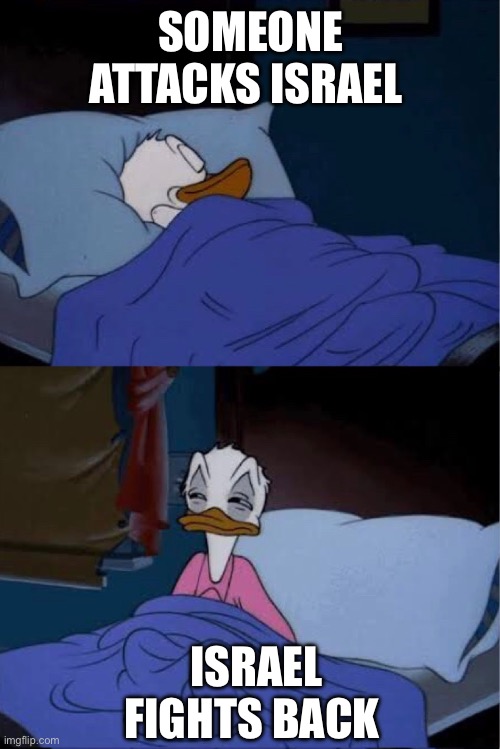 donald duck waking up | SOMEONE ATTACKS ISRAEL; ISRAEL FIGHTS BACK | image tagged in donald duck waking up | made w/ Imgflip meme maker