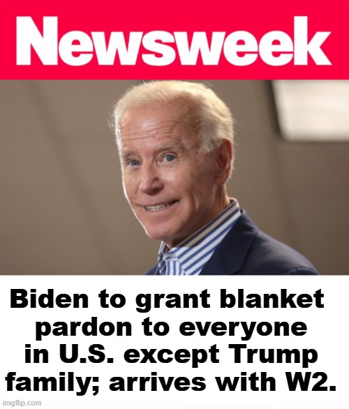 If ya got it, flaunt it! | Biden to grant blanket 
pardon to everyone in U.S. except Trump family; arrives with W2. | image tagged in joe biden,pardon,donald trump,conservatives,political meme | made w/ Imgflip meme maker