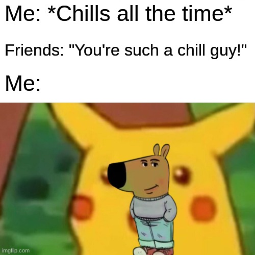 Surprised Pikachu | Me: *Chills all the time*; Friends: "You're such a chill guy!"; Me: | image tagged in memes,surprised pikachu | made w/ Imgflip meme maker