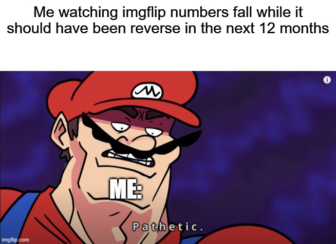 prediction | Me watching imgflip numbers fall while it should have been reverse in the next 12 months; ME: | image tagged in mario pathetic,downfall,imgflip | made w/ Imgflip meme maker