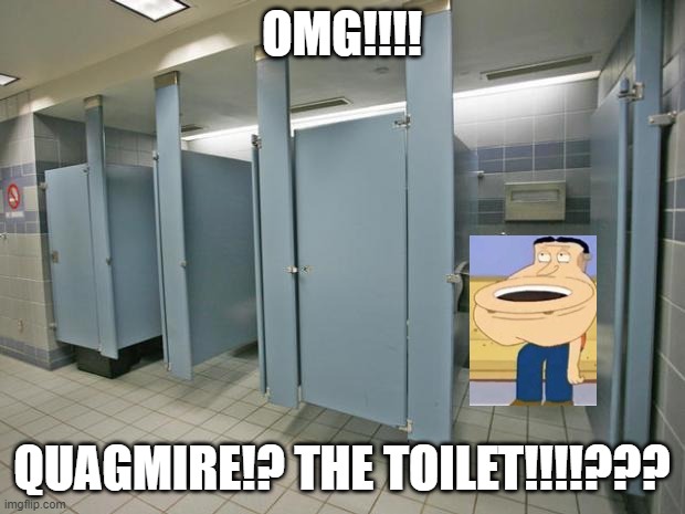 QUAGMIRE THE tOILEt | OMG!!!! QUAGMIRE!? THE TOILET!!!!??? | image tagged in bathroom stall | made w/ Imgflip meme maker