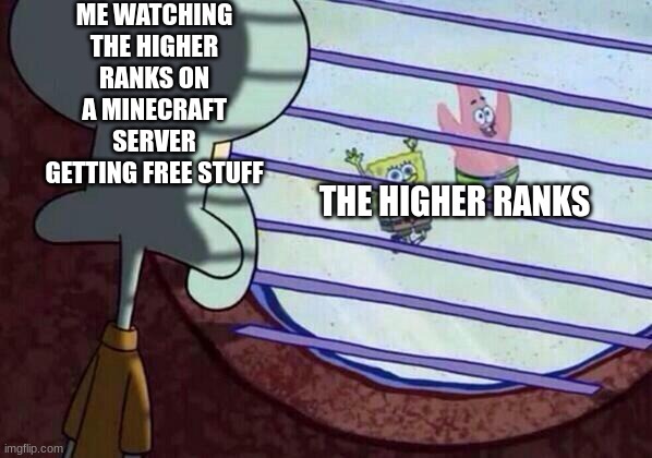 Squidward window | ME WATCHING THE HIGHER RANKS ON A MINECRAFT SERVER GETTING FREE STUFF; THE HIGHER RANKS | image tagged in squidward window | made w/ Imgflip meme maker