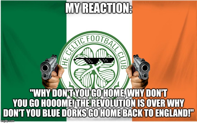 Ireland Flag | MY REACTION:; "WHY DON'T YOU GO HOME, WHY DON'T YOU GO HOOOME! THE REVOLUTION IS OVER WHY DON'T YOU BLUE DORKS GO HOME BACK TO ENGLAND!" | image tagged in ireland flag | made w/ Imgflip meme maker