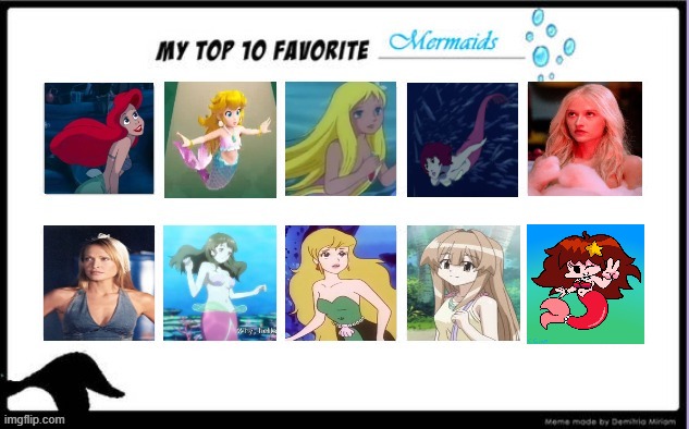 top 10 favorite mermaids | image tagged in 10 favorite mermaids,top 10,the little mermaid,movies,videogames,anime | made w/ Imgflip meme maker